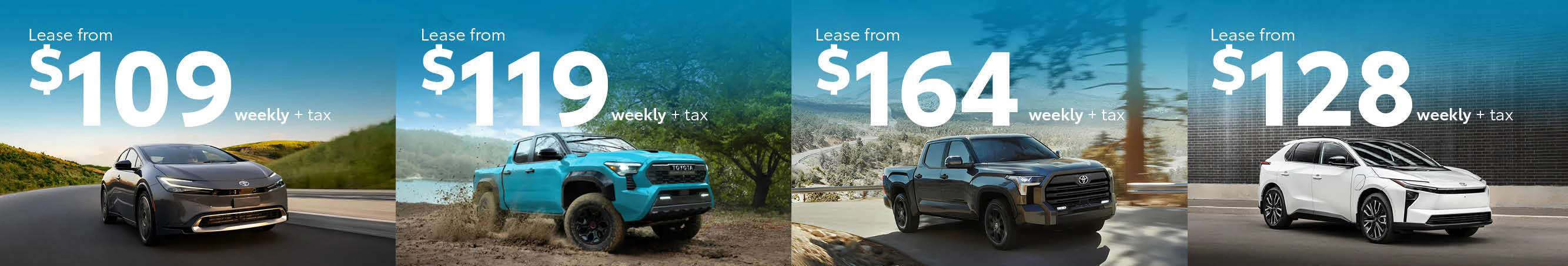 2026 Toyota lease offers: Prius Plug-In $109/week, Tacoma $119/week, Tundra $164/week, bZ $128/week, plus tax.
