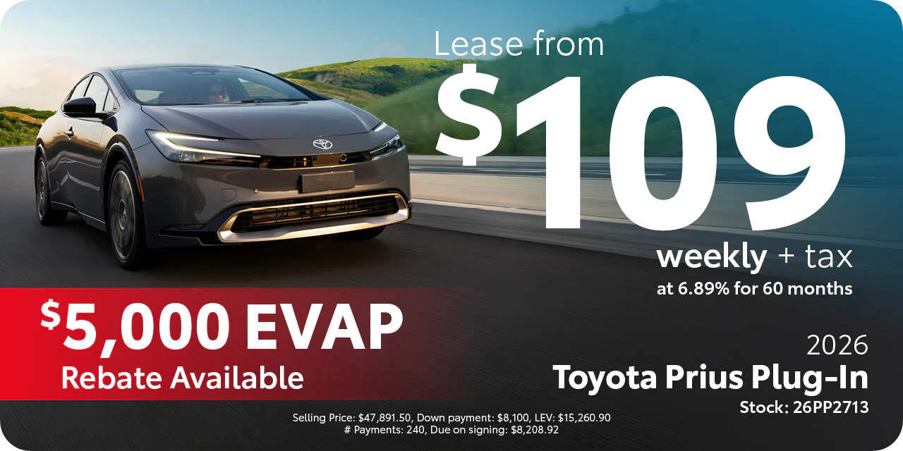 2026 Toyota Prius Plug-In: lease from $109/week plus tax, $5,000 EVAP rebate available.