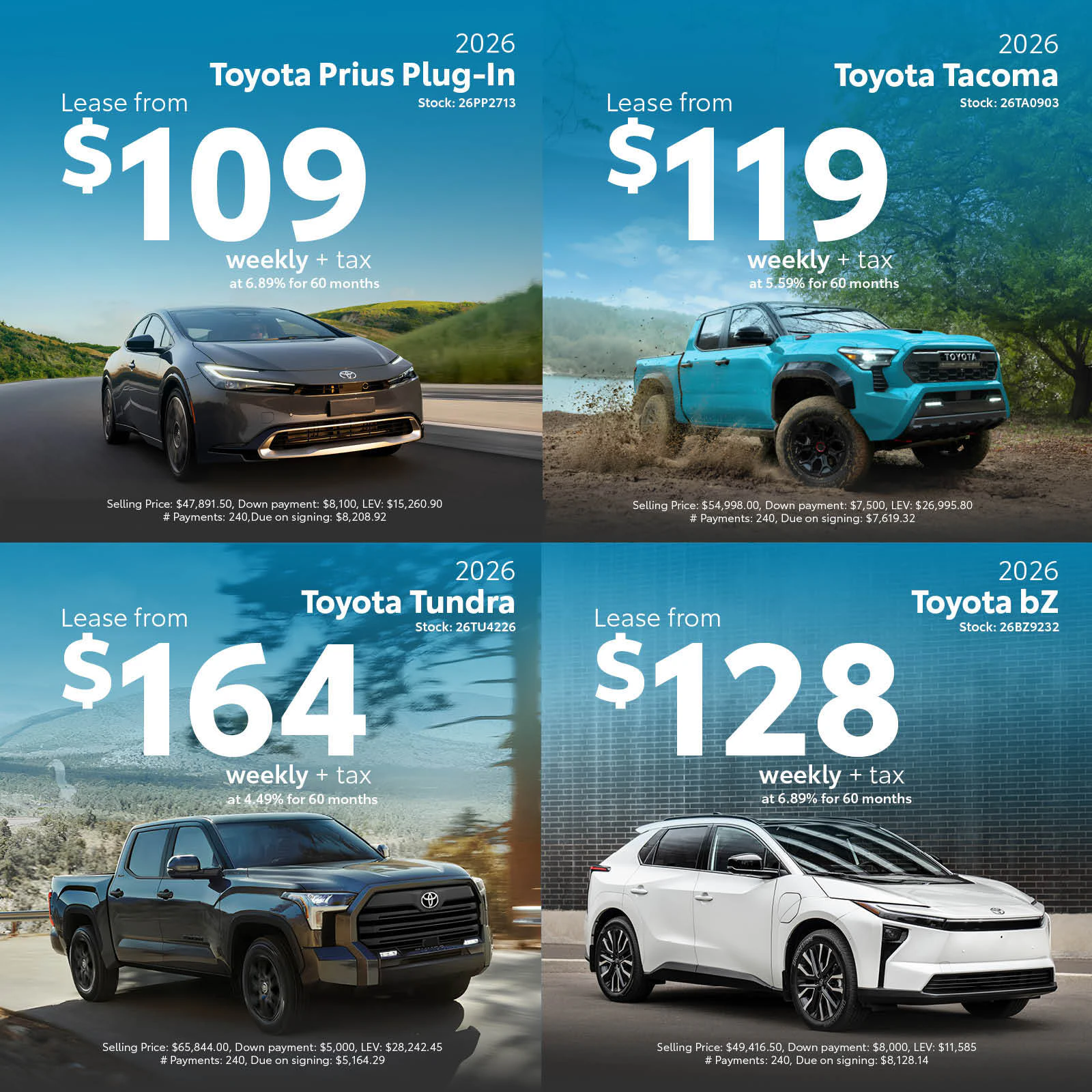 2026 Toyota lease offers: Prius Plug-In $109/week, Tacoma $119/week, Tundra $164/week, bZ $128/week, plus tax.