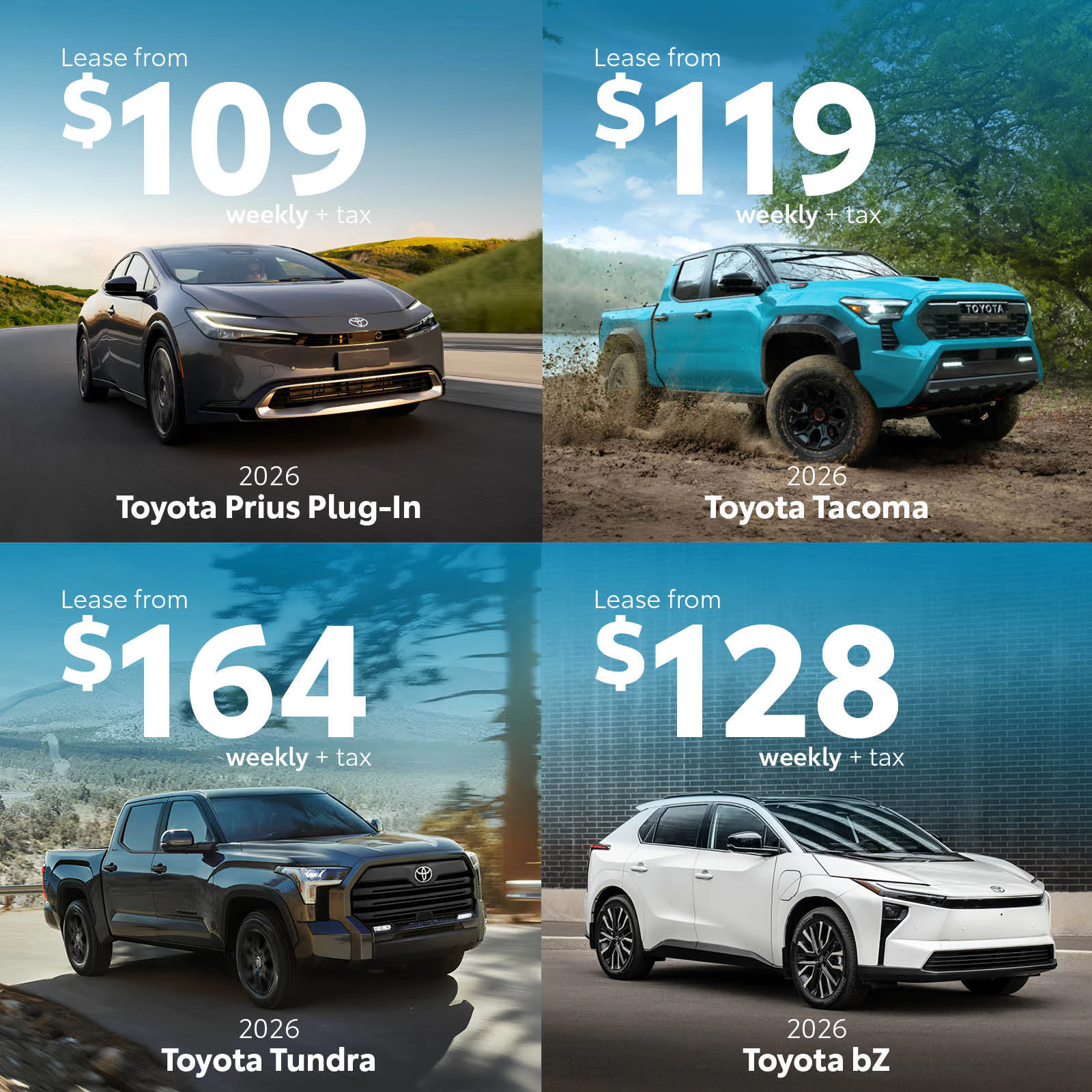 2026 Toyota lease offers: Prius Plug-In $109/week, Tacoma $119/week, Tundra $164/week, bZ $128/week, plus tax.