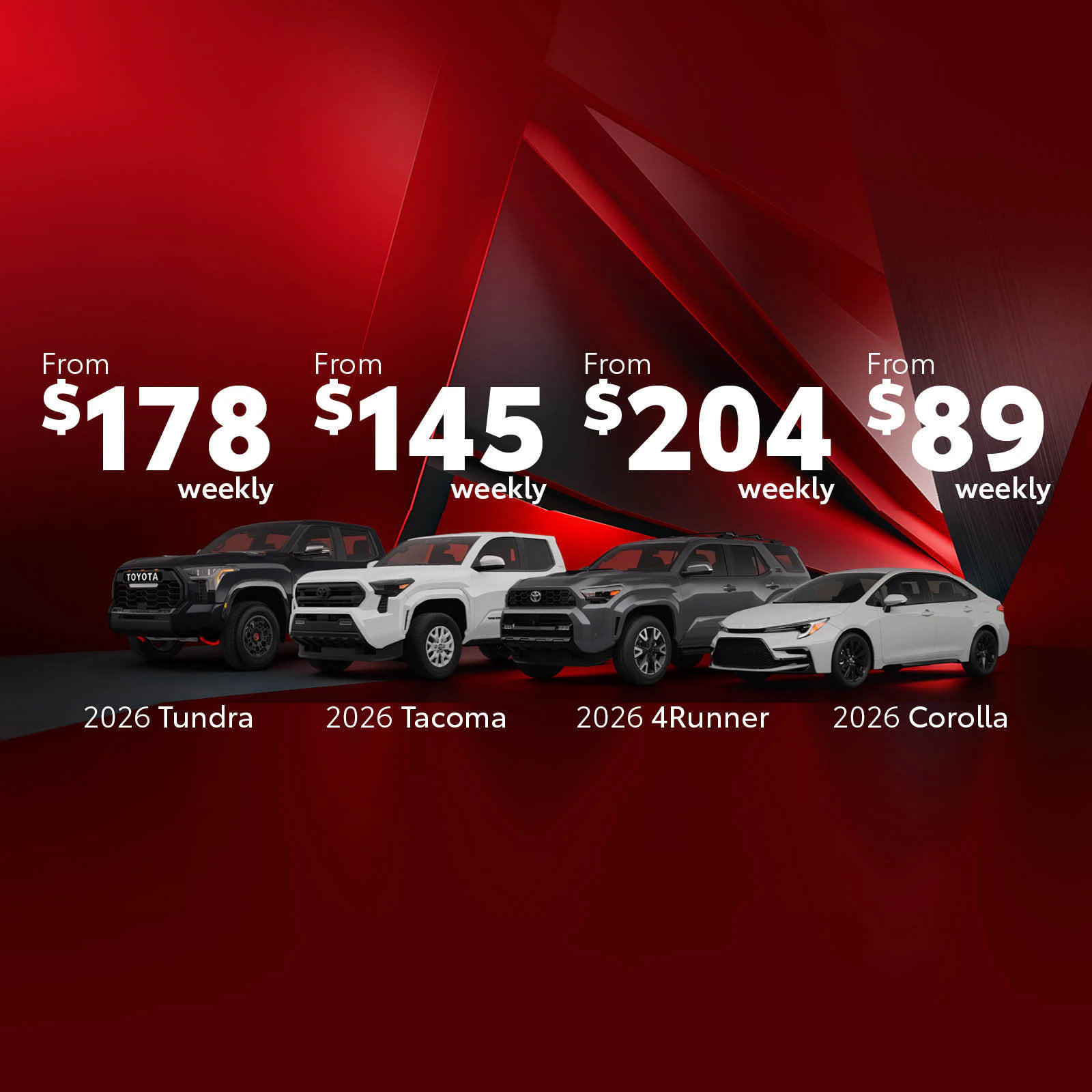 Four 2026 Toyota vehicles with weekly lease pricing starting from $89 to $204