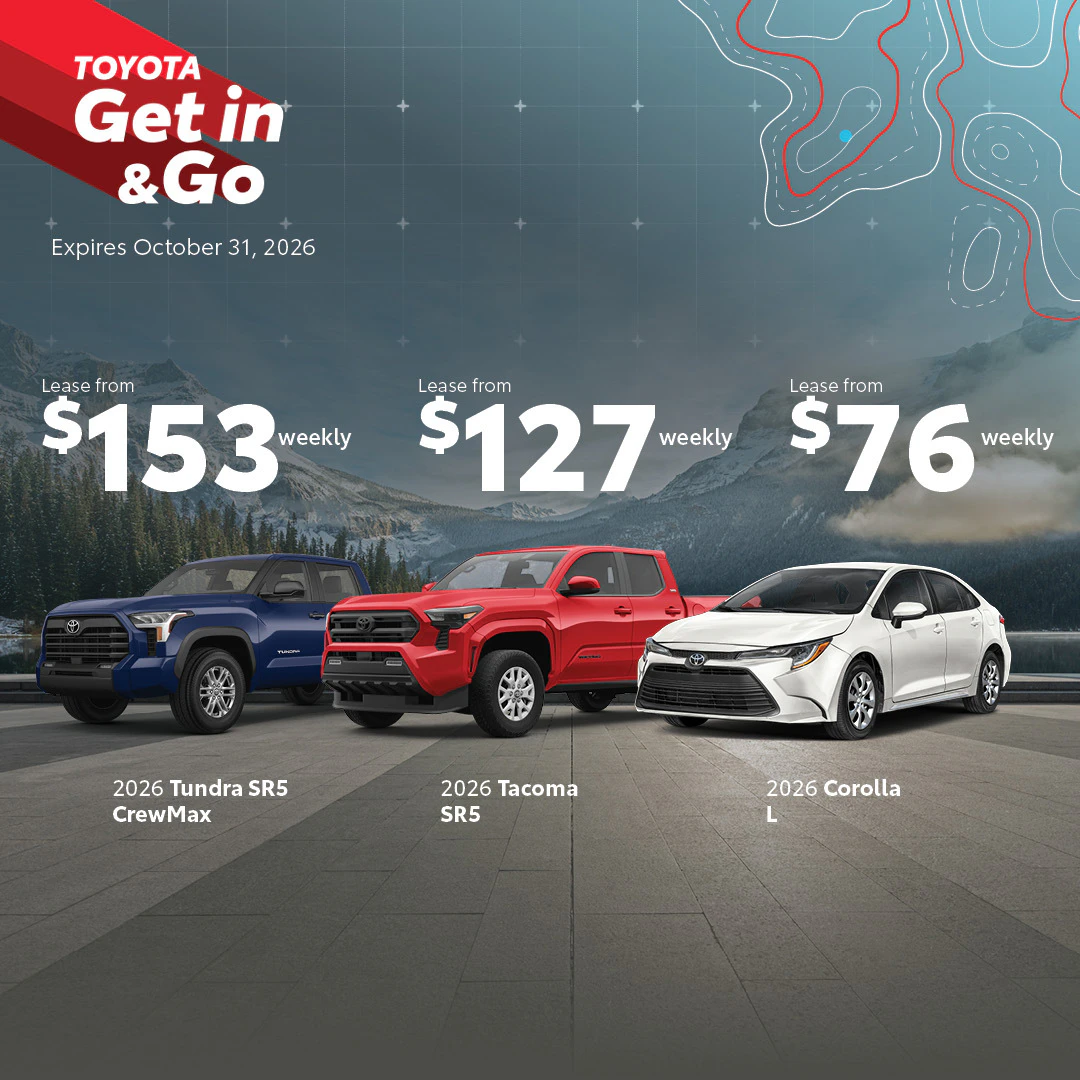 Toyota on the Trail September Offers: Lease a 2026 Tundra SR5 CrewMax from $153 weekly, lease a 2026 Tacoma SR5 from $127 weekly, and lease a 2026 Corolla L from $76 weekly only until September 30, 2026.