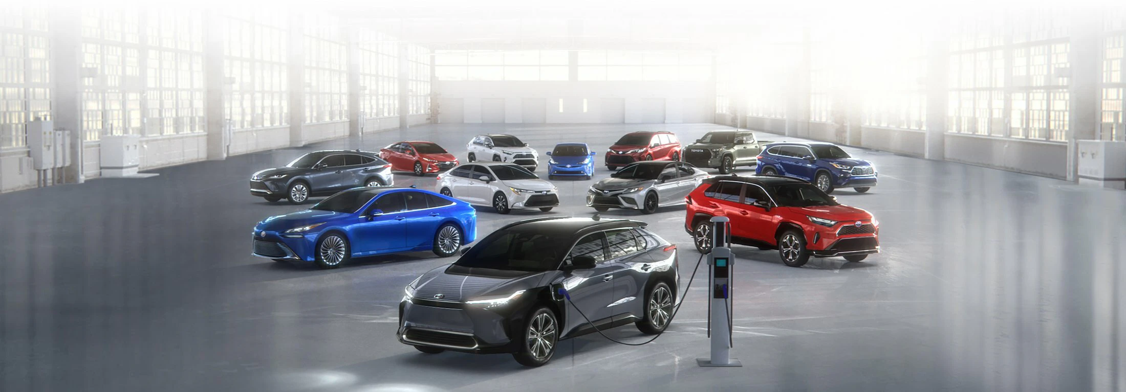 A lineup of Toyota electrified vehicles