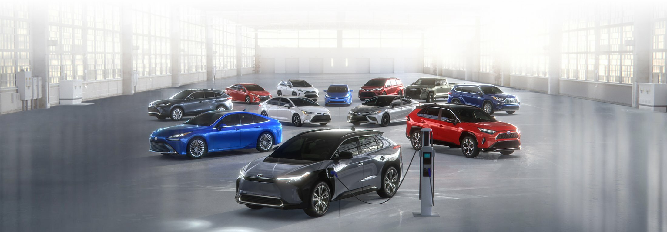 A lineup of Toyota electrified vehicles