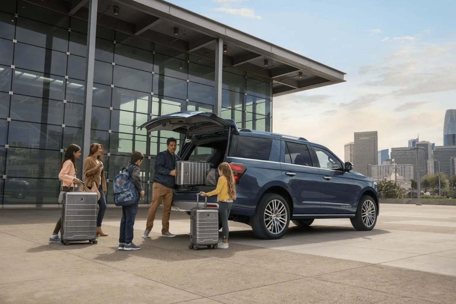 Family loading luggage into Ford Expedition with open tailgate at dealership